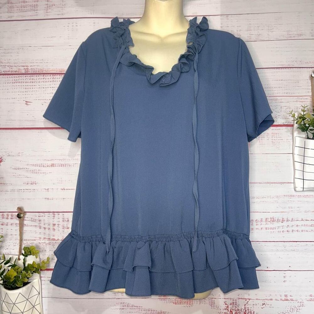 Umgee Dusty Blue Ruffle Hem Boutique Blouse | Women’s Large